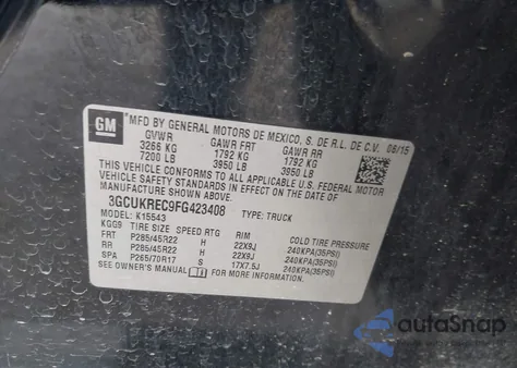 2015 Chevrolet Silverado 1500 1Lt from USA, damaged, VIN 3GCUKREC9FG423408